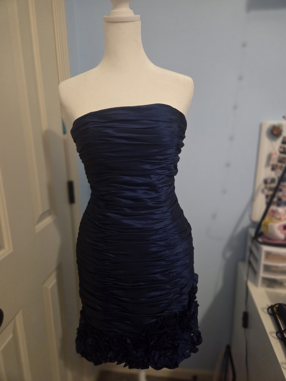 René Moiselle Strapless Navy Ruched Cocktail Dress with Rosette Hem